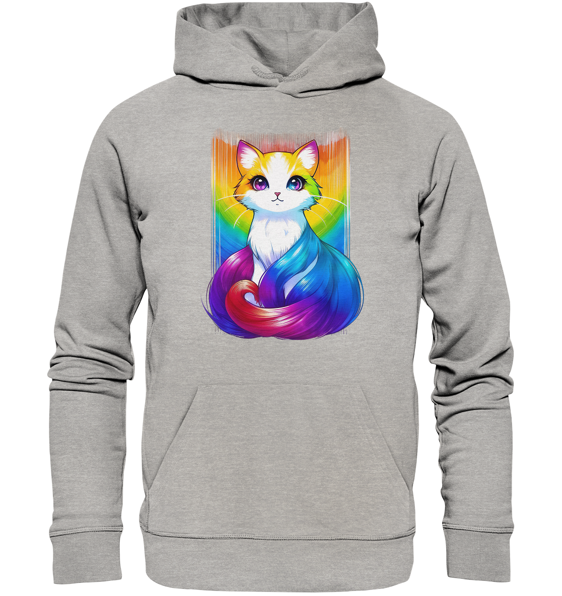 Graue Kapuzenjacke mit buntem, künstlerischen Katzenmotiv in Regenbogenfarben.