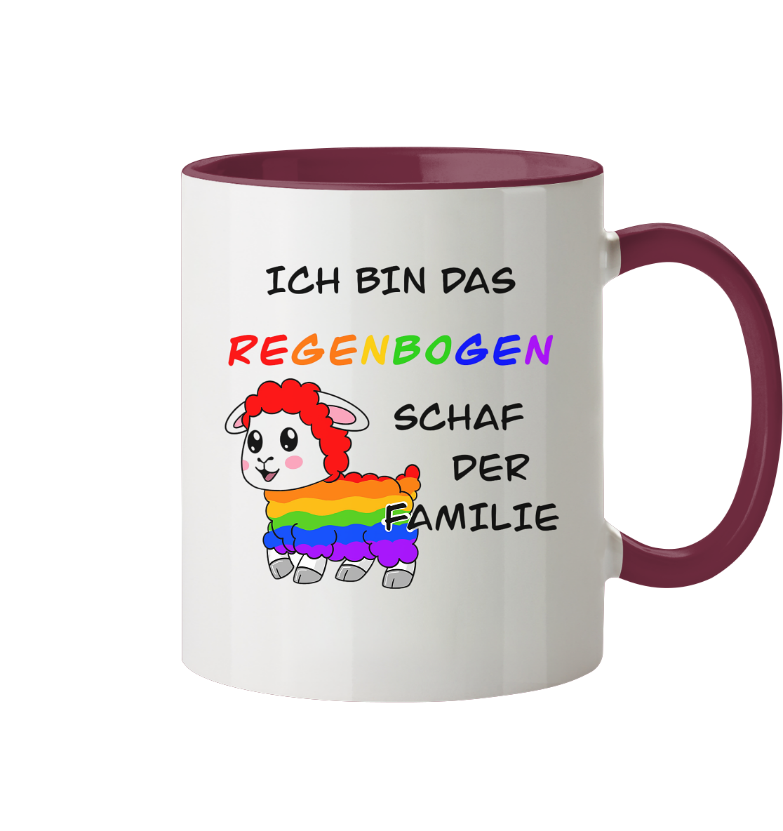 Bunte Tasse mit dem Aufdruck "Ich bin das Regenbogen Schaf der Familie" und einer niedlichen, regenbogenfarbigen Schaf-Illustration.