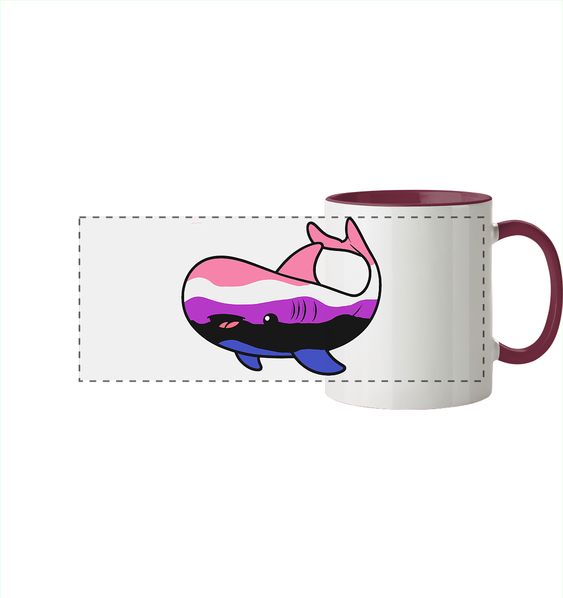 Bunte Tasse mit einem verspielt gestalteten Walfisch-Motiv in lila und rosa.