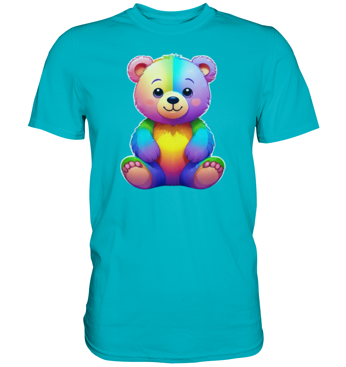 Buntes T-Shirt mit einem niedlichen, sitzenden Bären-Design in Regenbogenfarben.