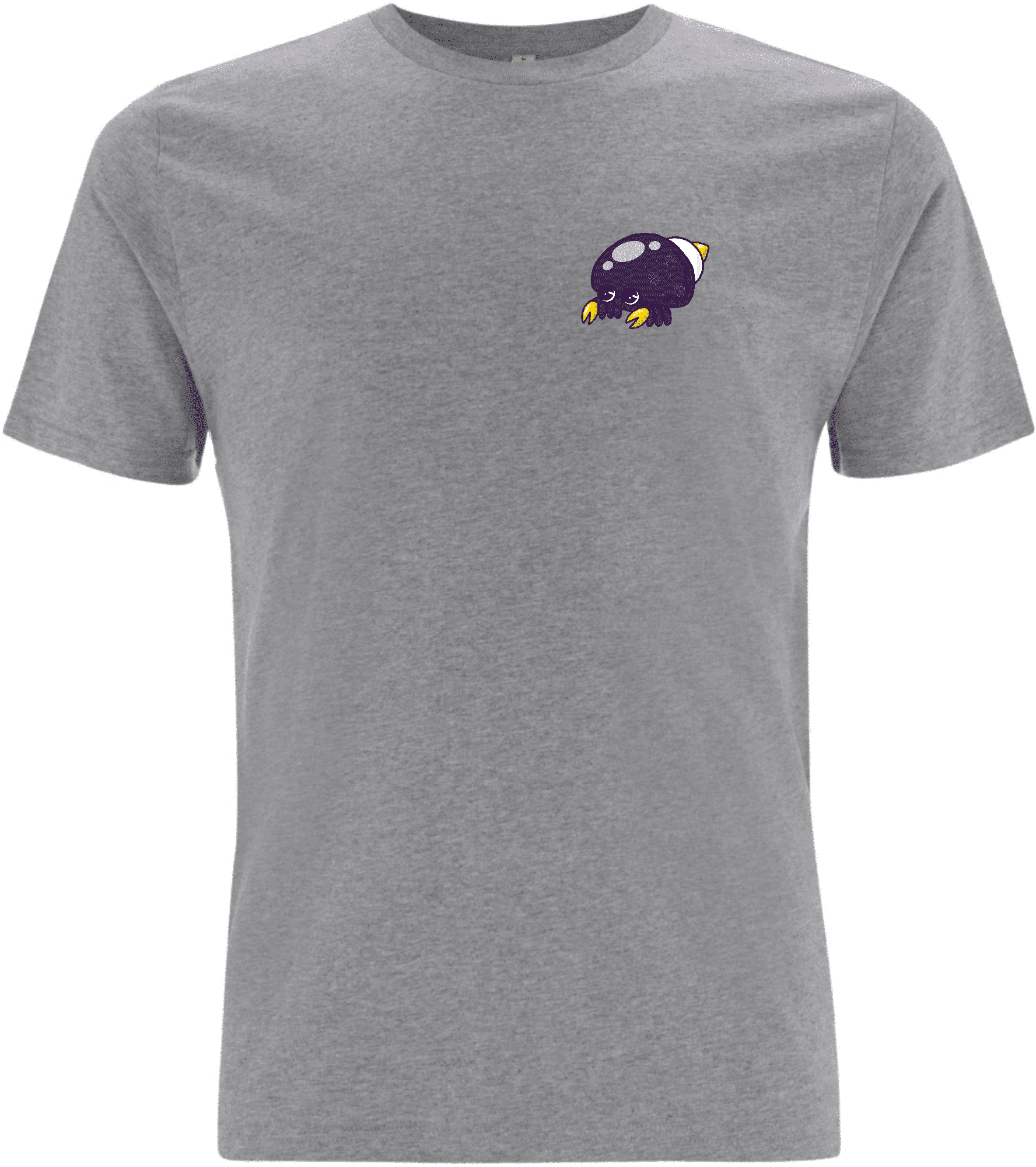 Graues T-Shirt mit einem bunten, cartoonhaften Symbol eines Käfers auf der linken Brustseite.