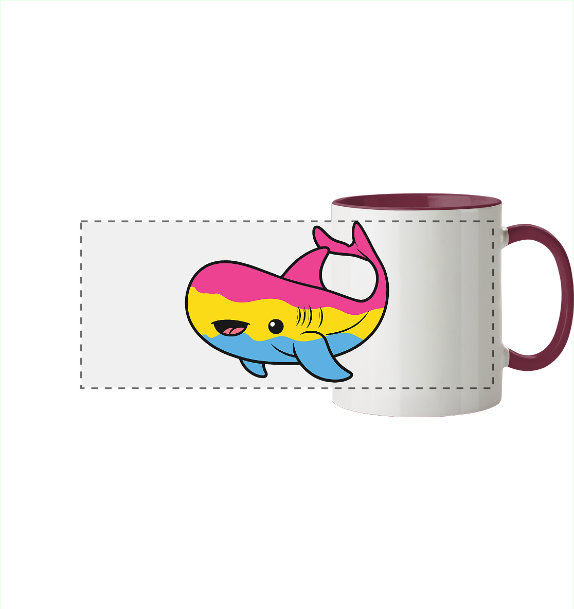 Bunte Tasse mit einem cartoonhaften Wal-Motiv in pink, gelb und blau.