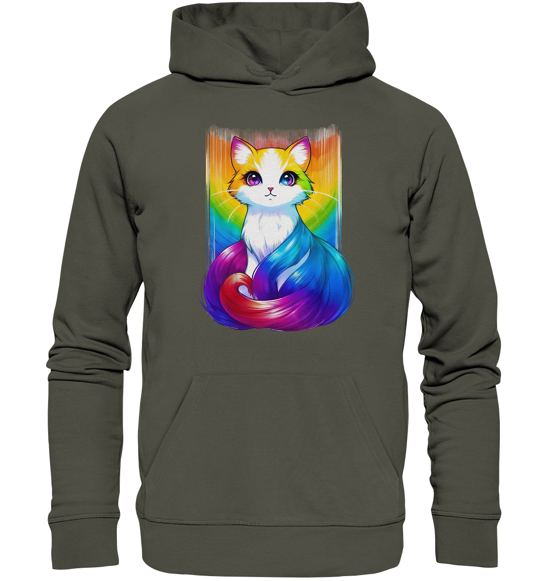 Hoodie mit einem bunten, künstlerischen Motiv einer Katze mit regenbogenfarbenem Schwanz.