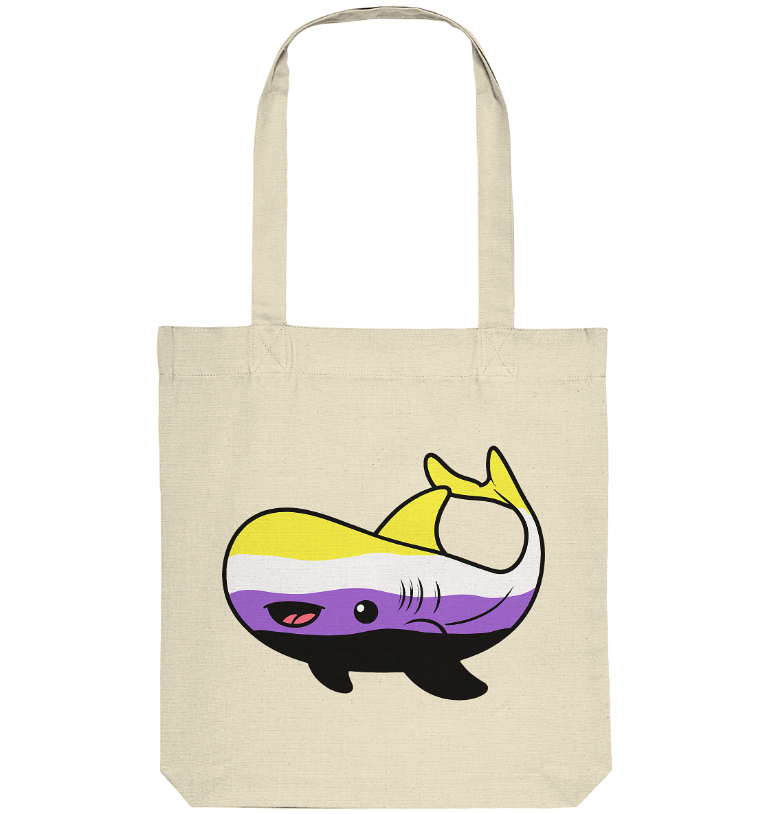 Lustige Stofftasche mit einem Cartoon-Haifisch in lila-gelben Farben.