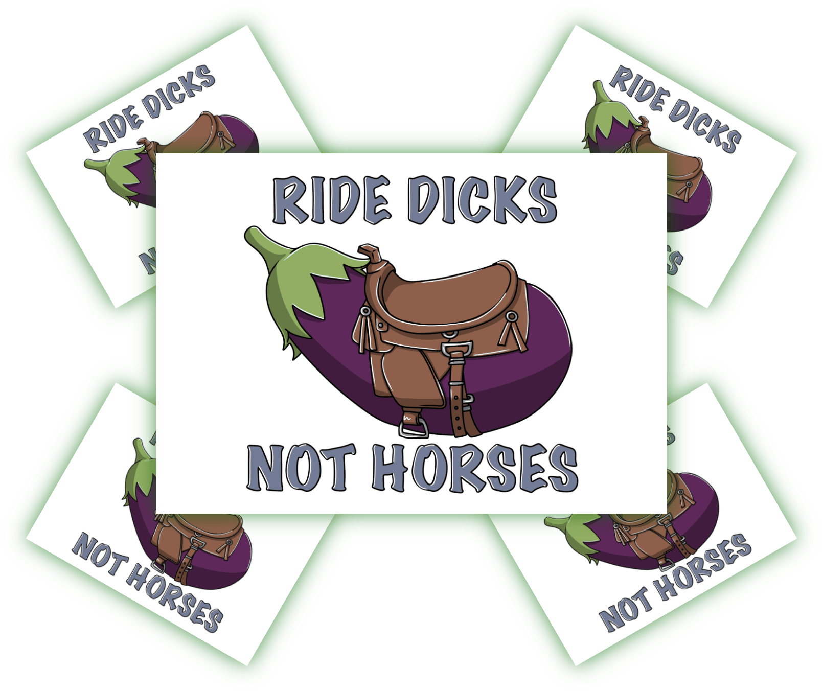 Lustiges Design mit einer Aubergine und dem Spruch "RIDE DICKS NOT HORSES". Grafisches Motiv mit einer Aubergine, auf der ein Sattel platziert ist, umgeben von dem Text "RIDE DICKS NOT HORSES".