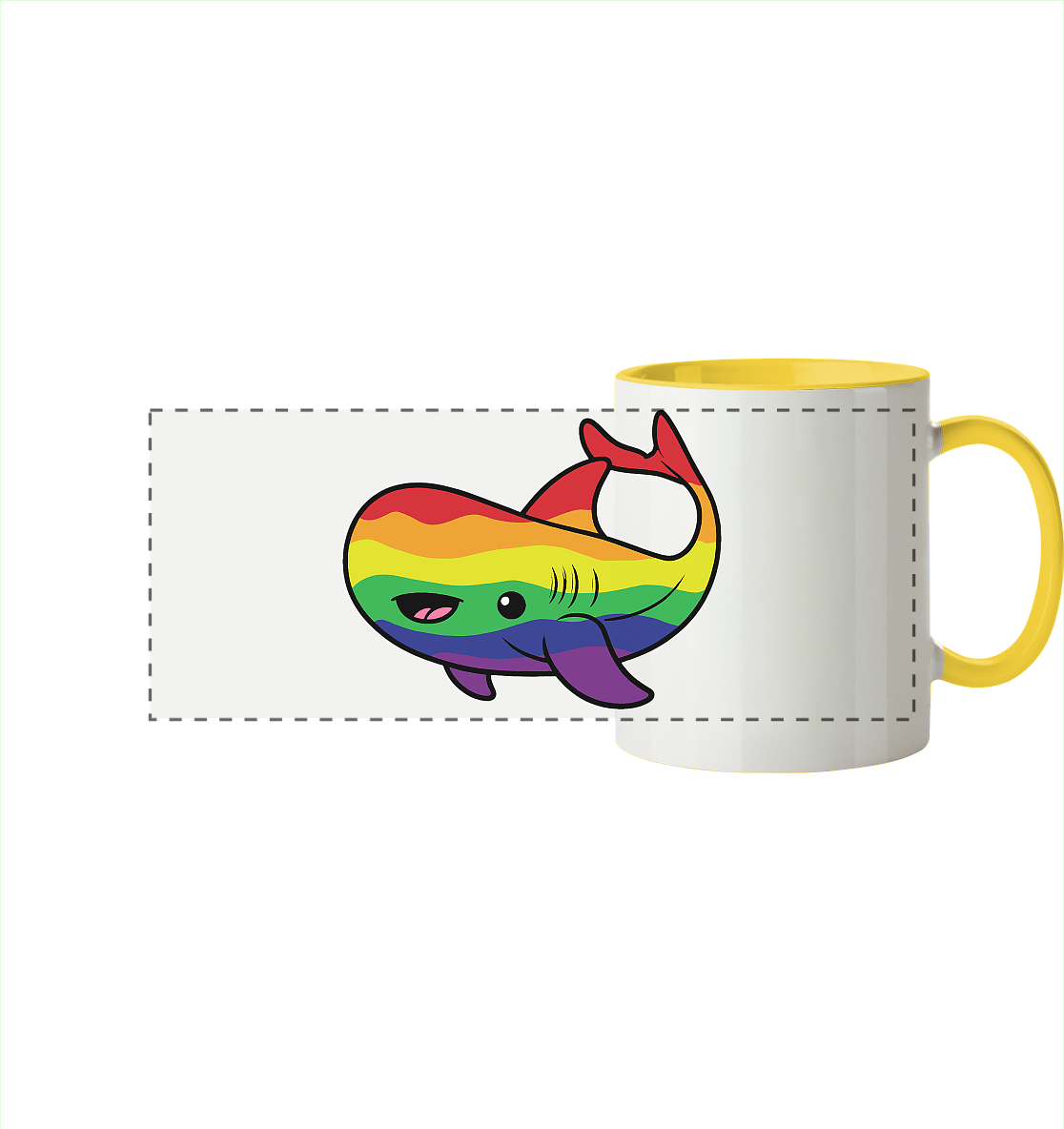 Bunte Tasse mit einem fröhlichen, regenbogenfarbigen Walsymbol auf der Vorderseite.