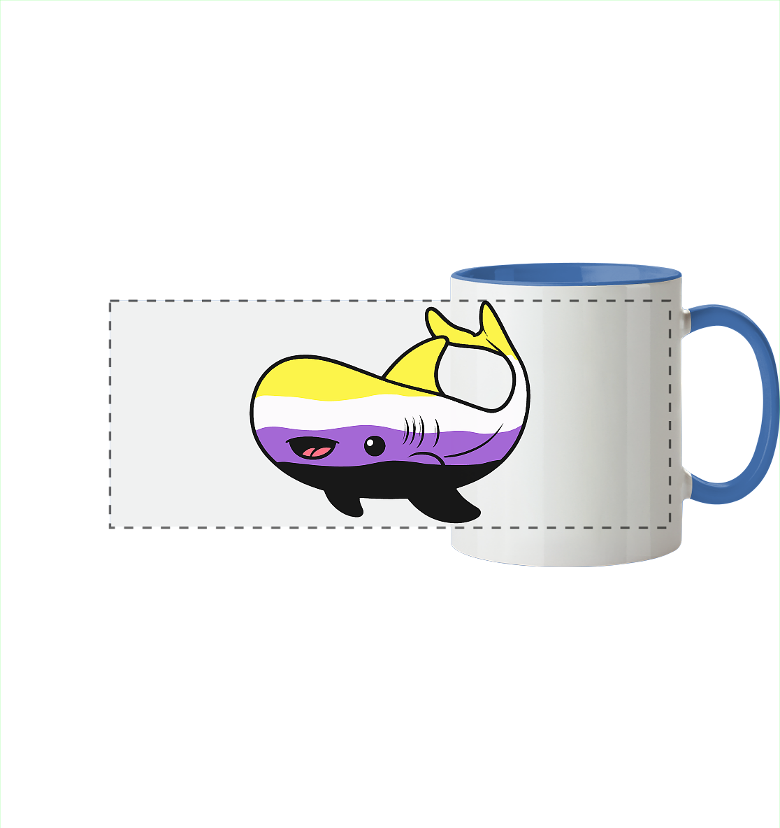 Bunte Tasse mit einem fröhlichen, cartoonhaften Wal-Design in Gelb und Lila.