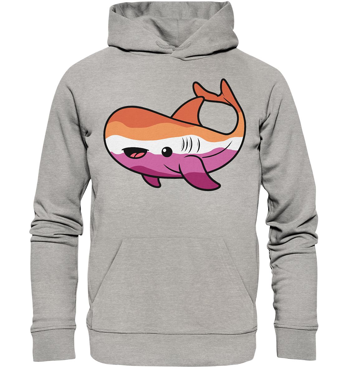 Graues Hoodie mit einem bunten, cartoonhaften Wal-Motiv auf der Vorderseite.