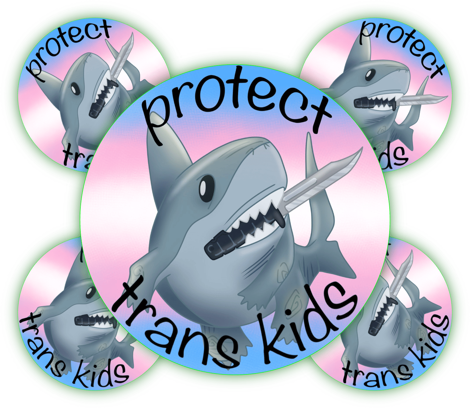 Aufkleber mit einem Hai, der "protect trans kids" verkündet. Runde Aufkleber mit einem cartoonhaften Hai, der ein Messer hält, umgeben von der Aufforderung "protect trans kids".