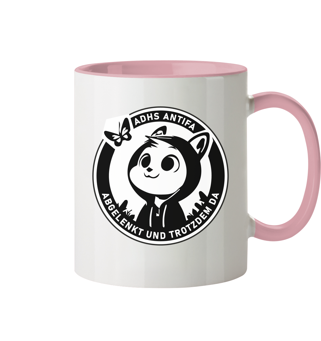 Tasse mit einem witzigen Panda-Design und dem Schriftzug "ADHS Antifa - Abgelenkt und trotzdem da".