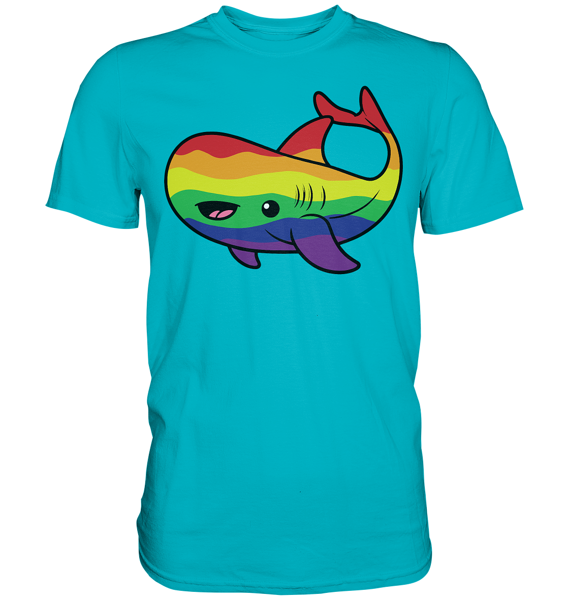 Bunt bedrucktes T-Shirt mit einem fröhlichen, cartoonhaften Wal in Regenbogenfarben.