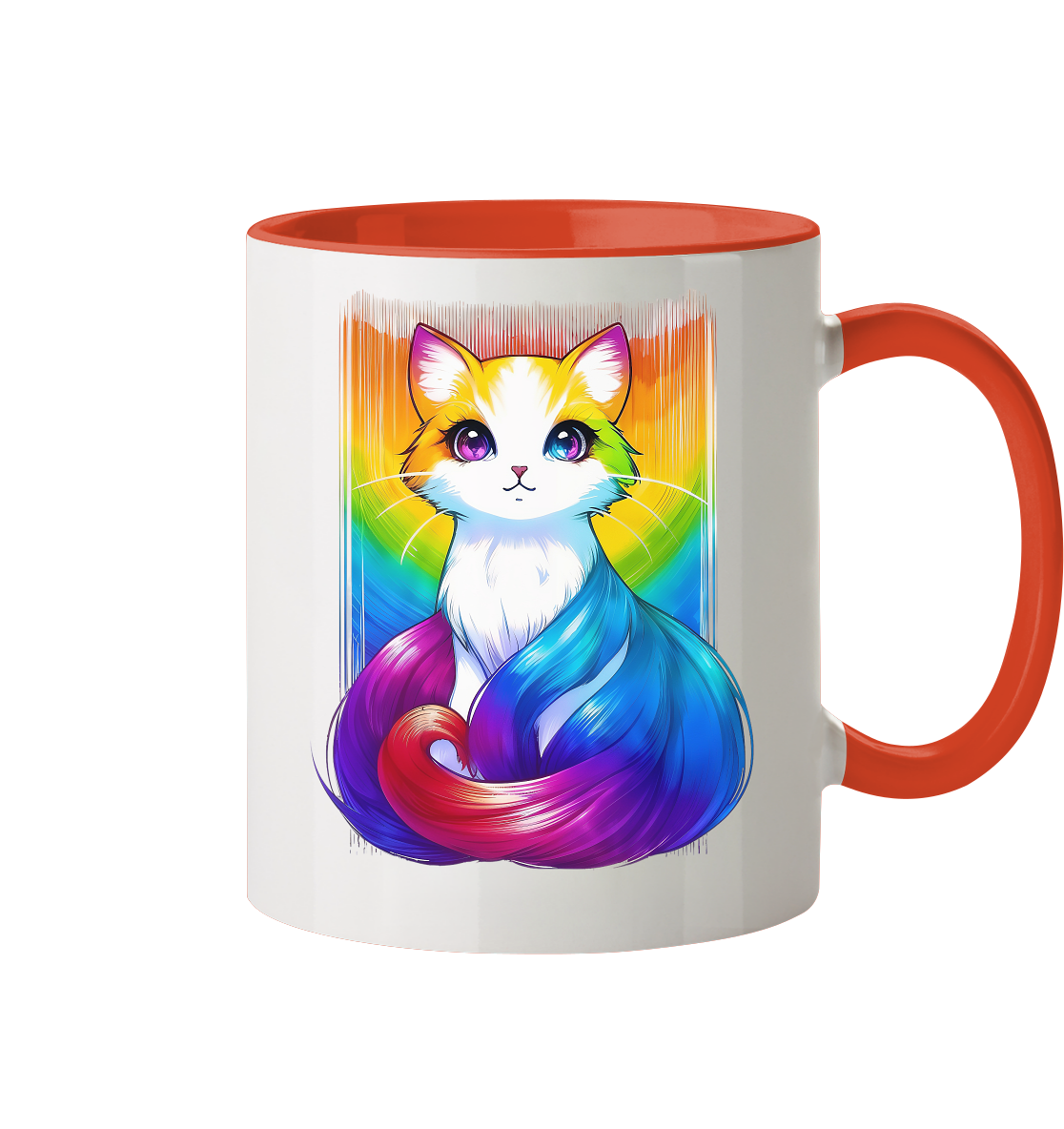 Bunte Tasse mit einer künstlerischen Darstellung einer Katze in Regenbogenfarben.