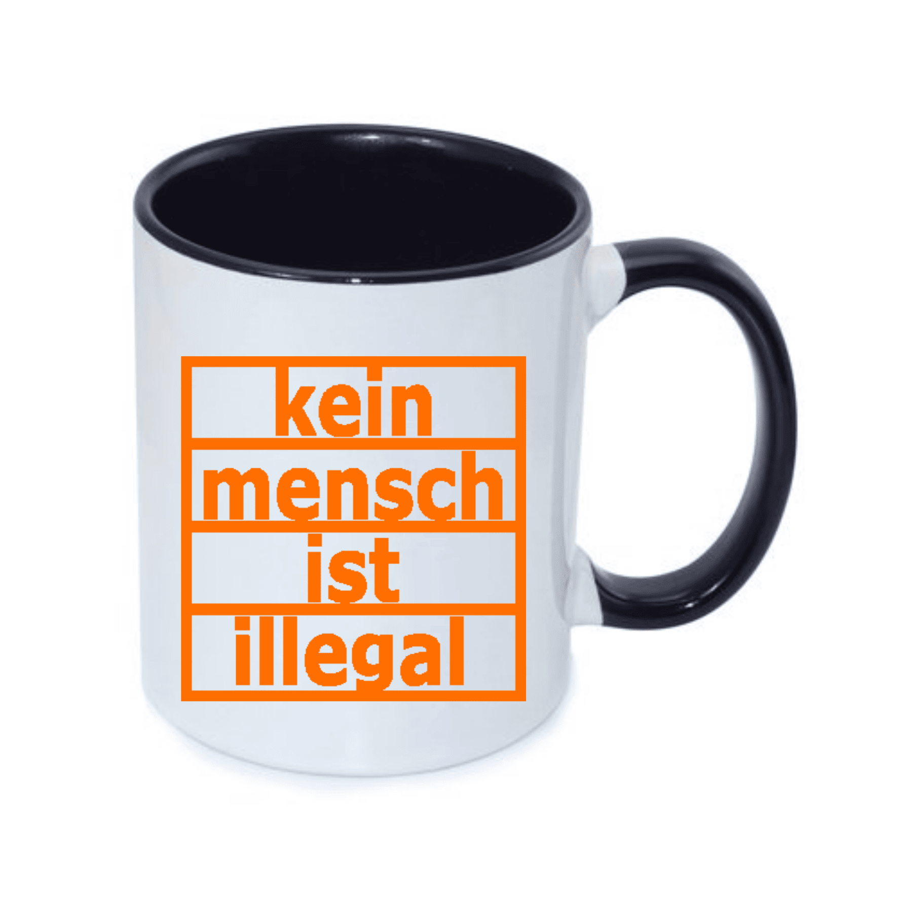 Tasse mit dem grafischen Text "kein mensch ist illegal" in orange auf weißem Hintergrund und schwarzem Henkel.
