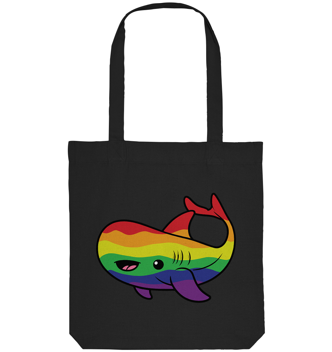 Bunte Stofftasche mit einem fröhlichen, cartoonhaften Wal-Design in Regenbogenfarben.