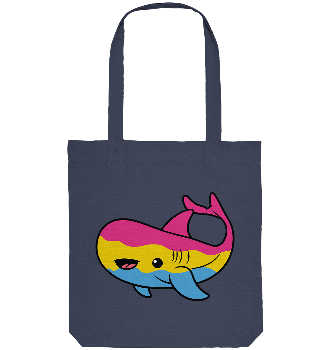 Bunte Stofftasche mit einem fröhlichen, cartoonhaften Waldesign in Pink, Gelb und Blau.