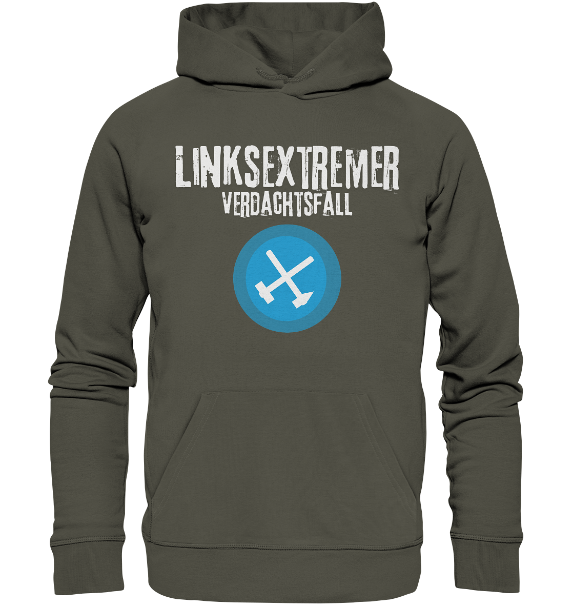 Dunkelgrauer Hoodie mit dem Aufdruck "LINKSEXTREMER VERDACHTSFALL" und einem blauen Symbol mit zwei gekreuzten Äxten.