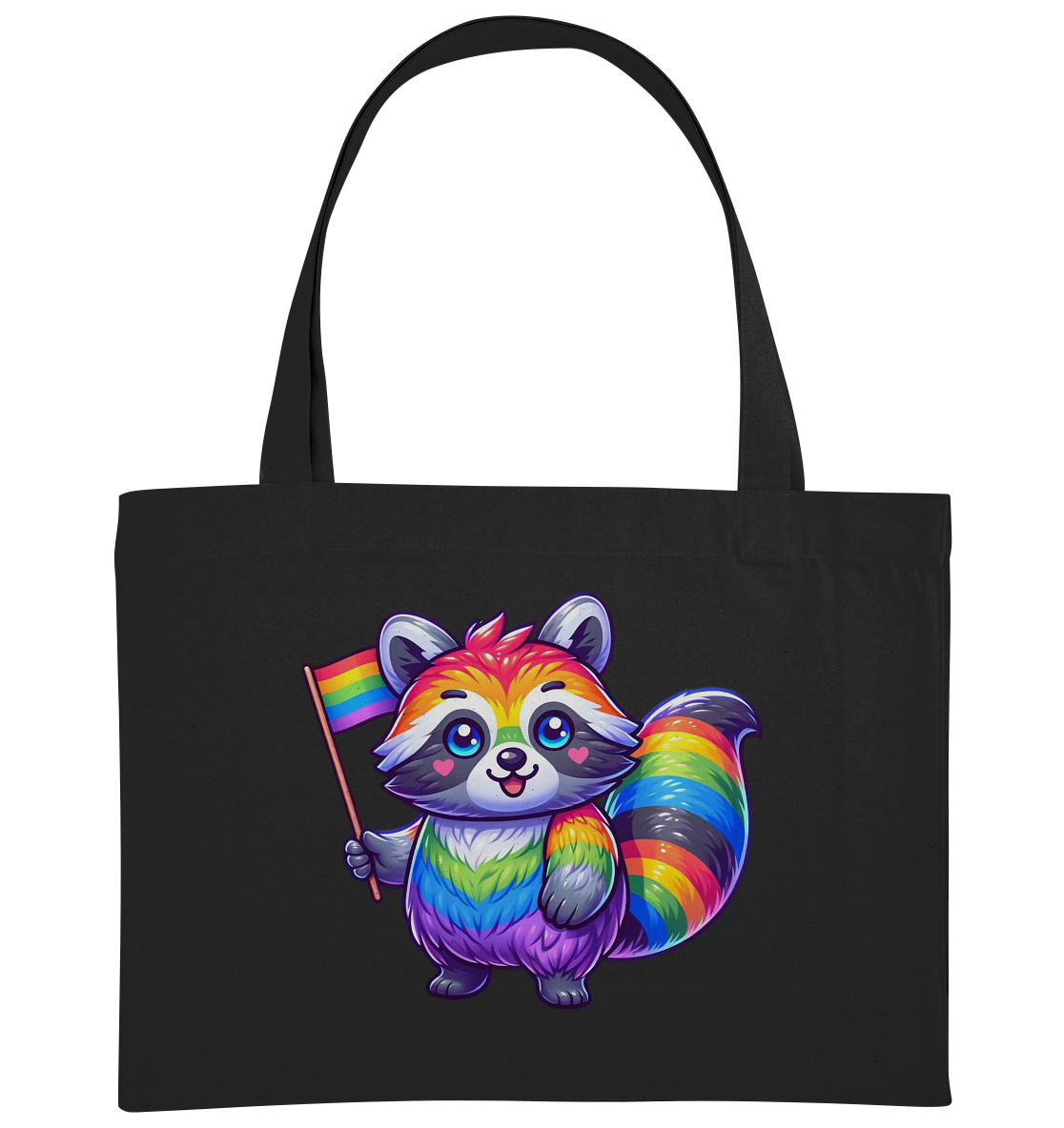 Bunte Tasche mit einem niedlichen, regenbogenfarbenen Waschbären, der eine Pride-Flagge hält.