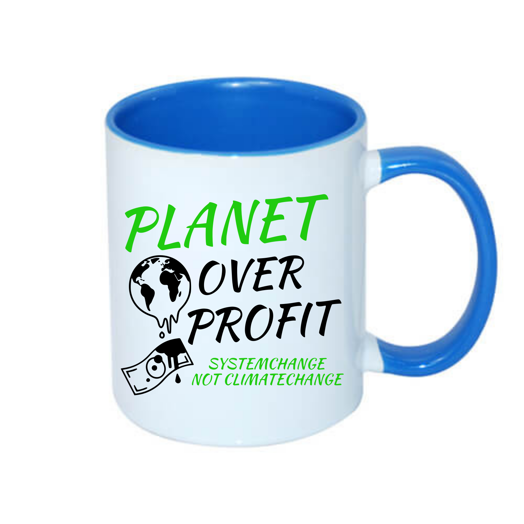 Kaffeetasse mit dem Aufdruck "PLANET OVER PROFIT" und der Botschaft "SYSTEMCHANGE NOT CLIMATECHANGE".