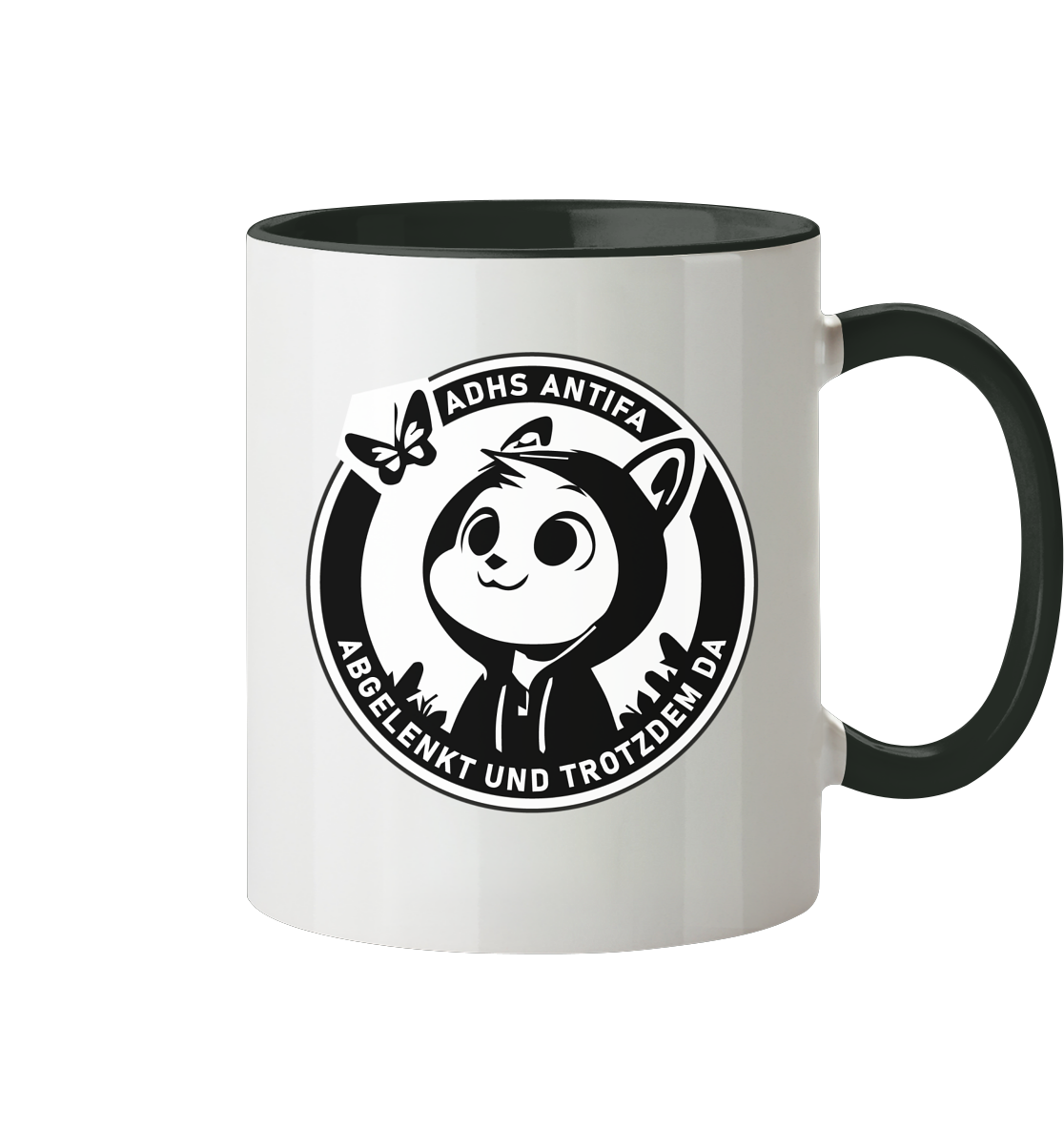 Tasse mit einem niedlichen Panda-Charakter im Hoodie und dem Text "ADHS ANTIFA - ABGELENKT UND TROTZDEM DA".