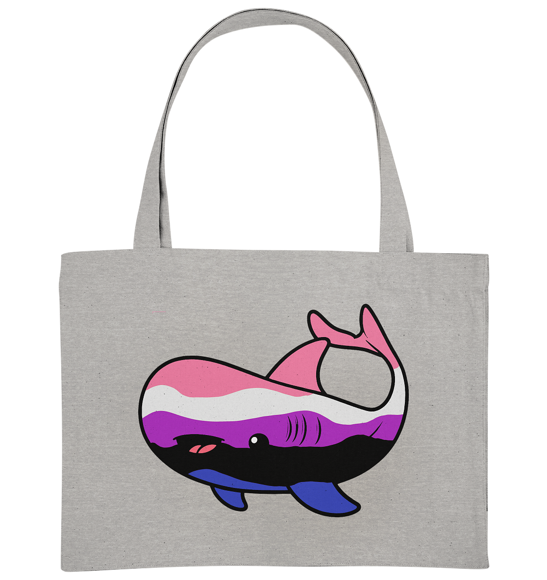 Hellgraue Stofftasche mit einem bunten, stilisierten Wal-Motiv in Pink, Lila und Blau.