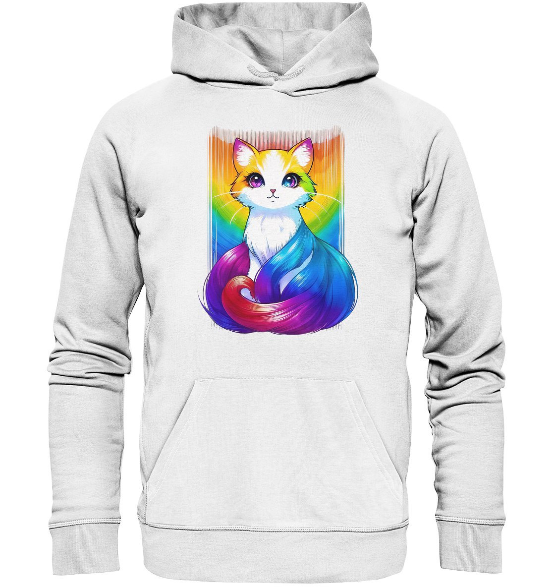 Bunte Kapuzenjacke mit einem künstlerischen Motiv einer niedlichen Katze in Regenbogenfarben.