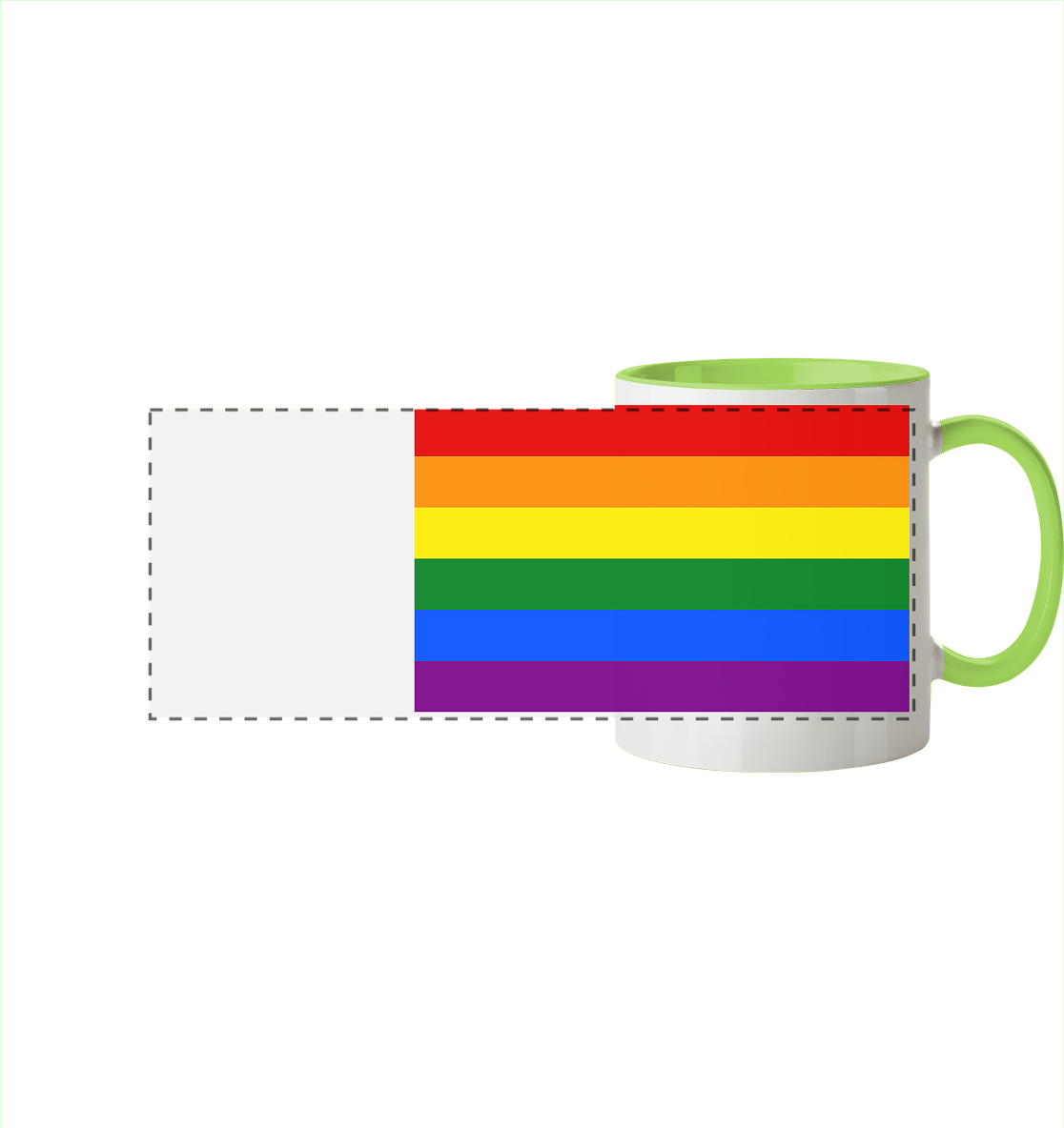 Bunte Regenbogen-Tasse mit grünem Henkel.