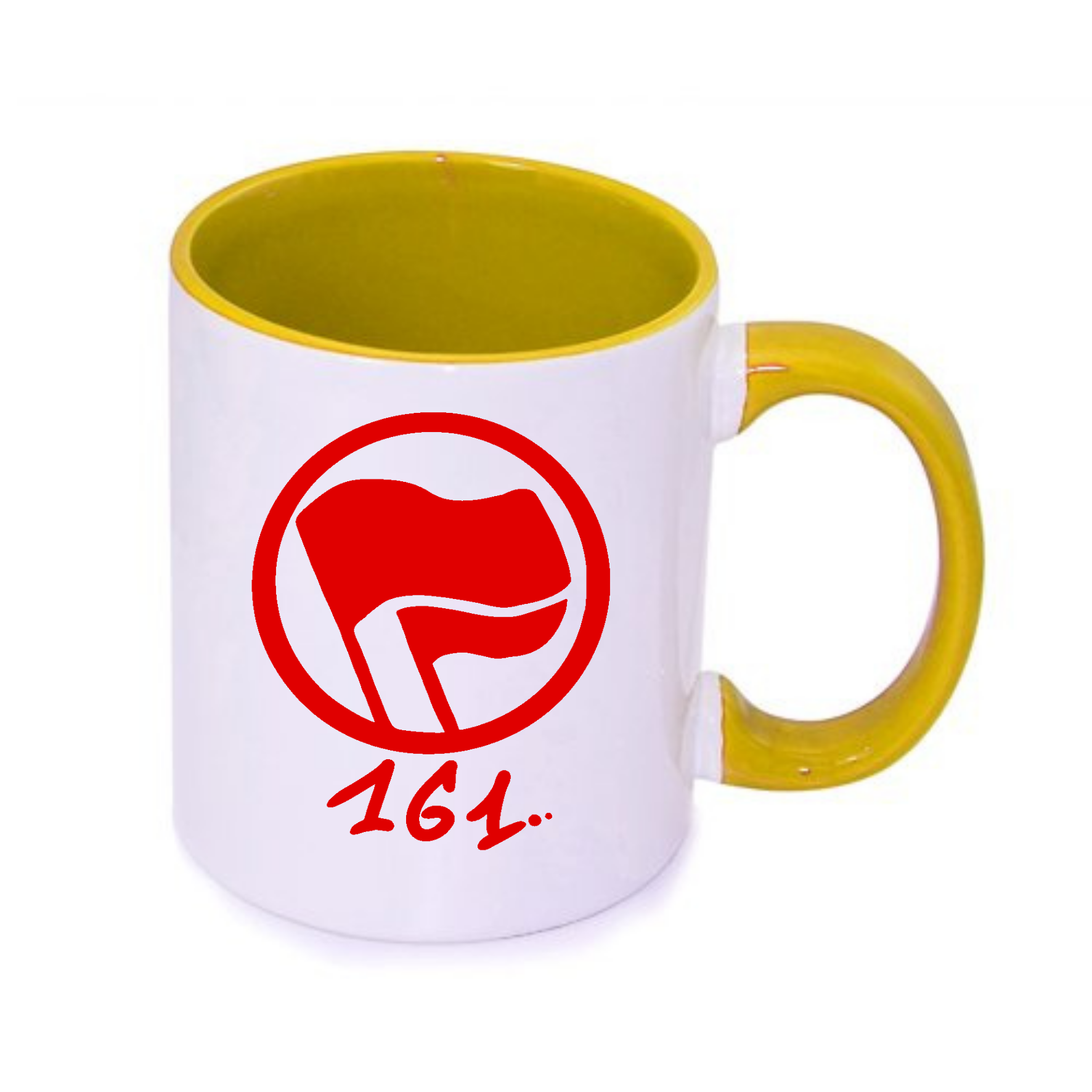 Bunte Tasse mit rotem Flaggenmotiv und der Zahl 161.