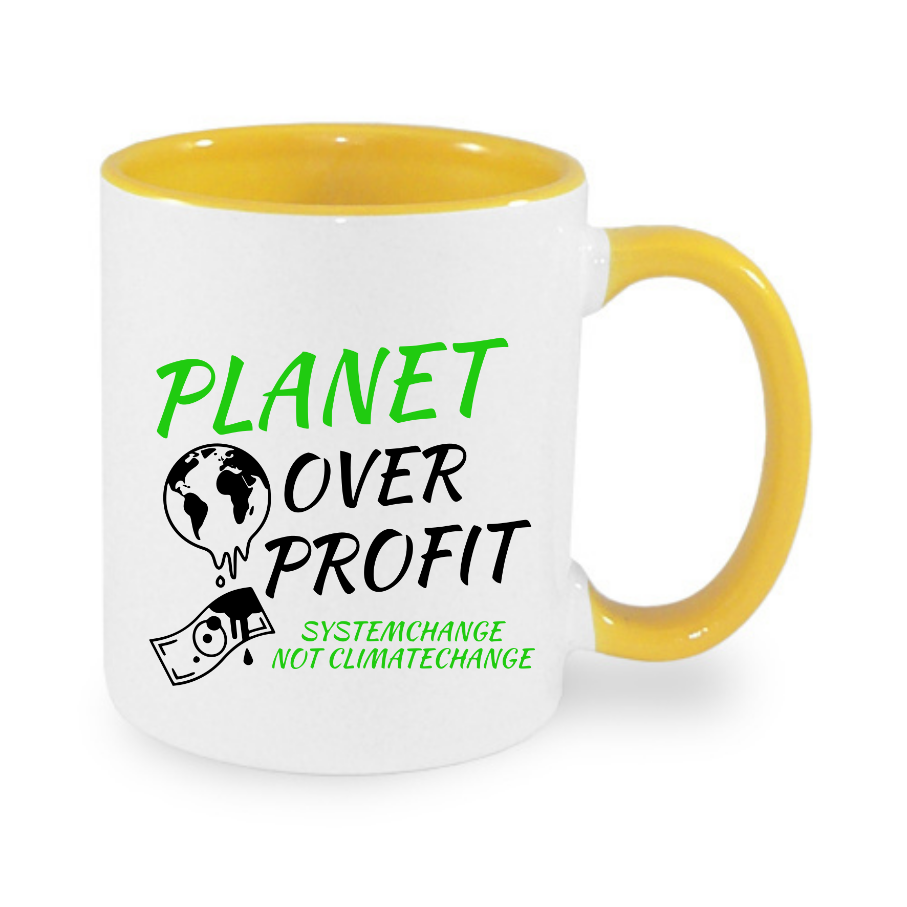 Bunte Tasse mit dem Aufdruck "PLANET OVER PROFIT" und dem Motiv der Erde sowie einer Geldscheine. 