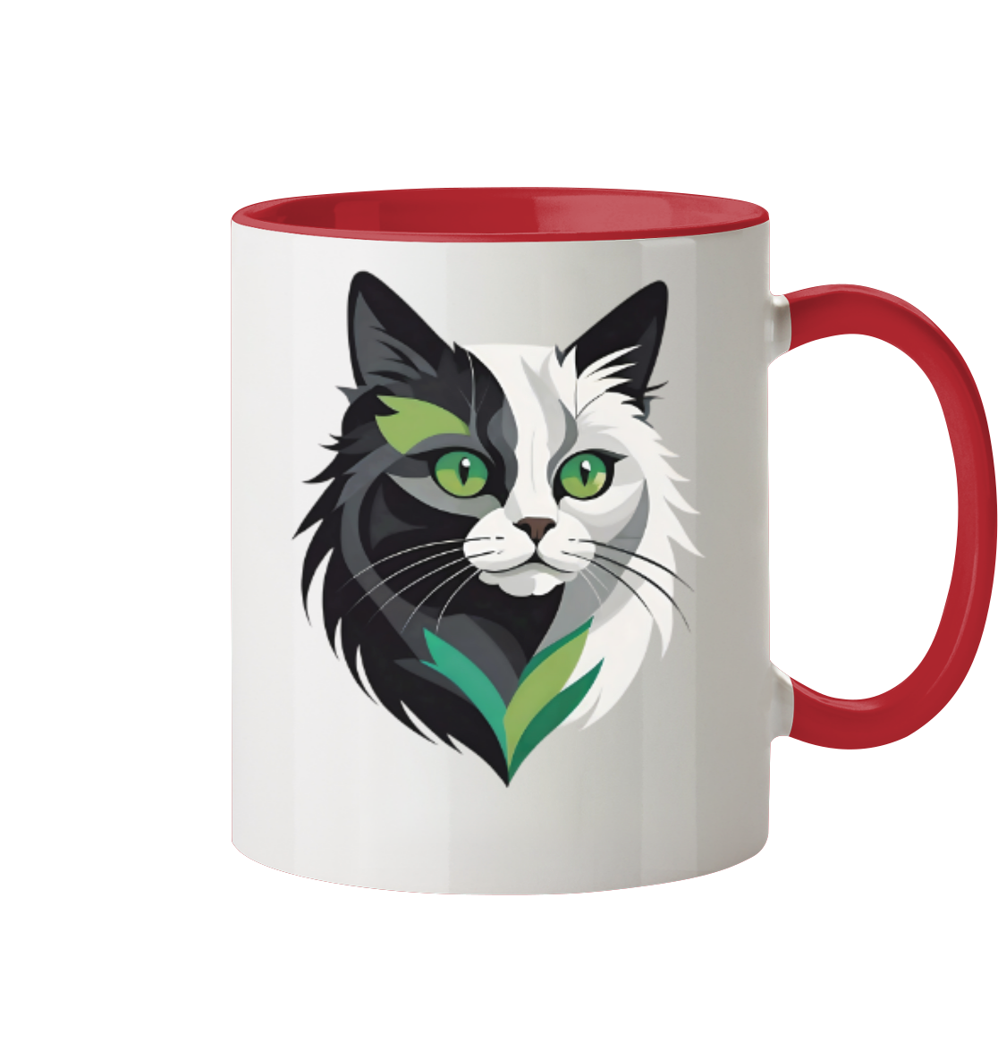 Bunte Tasse mit dem Gesicht einer Katze, die grüne Augen und ein gemustertes Fell hat.