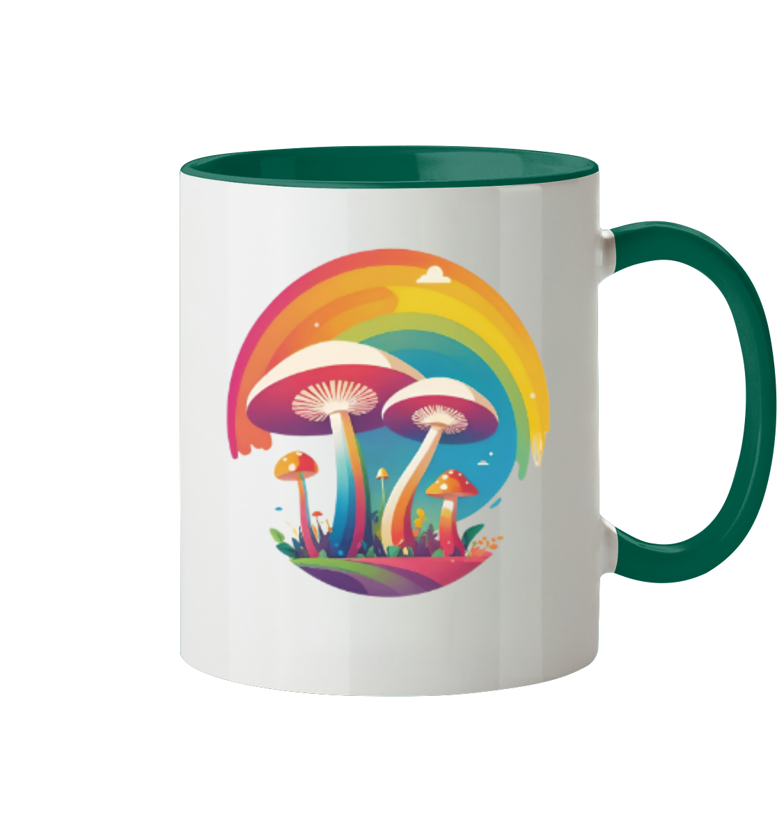 Bunte Tasse mit einem Motiv von Pilzen und einem Regenbogen.