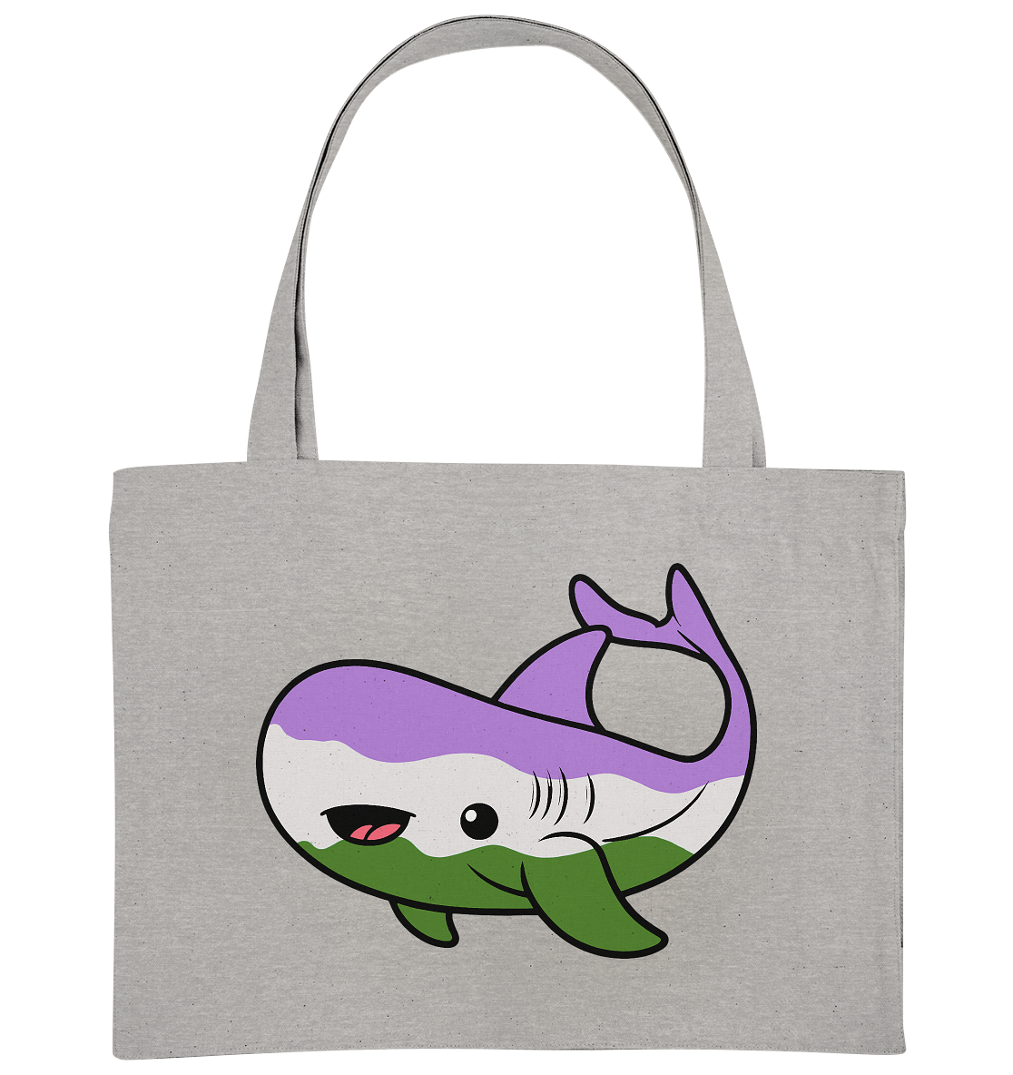 Süße graue Tasche mit einem bunten, cartoonhaften Wal-Motiv in Lila, Weiß und Grün.