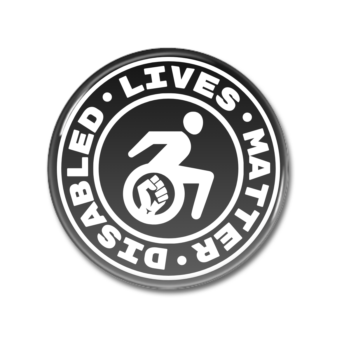 Runde Badge mit dem Aufdruck "Disabled Lives Matter" und einem Symbol für Inklusion.  