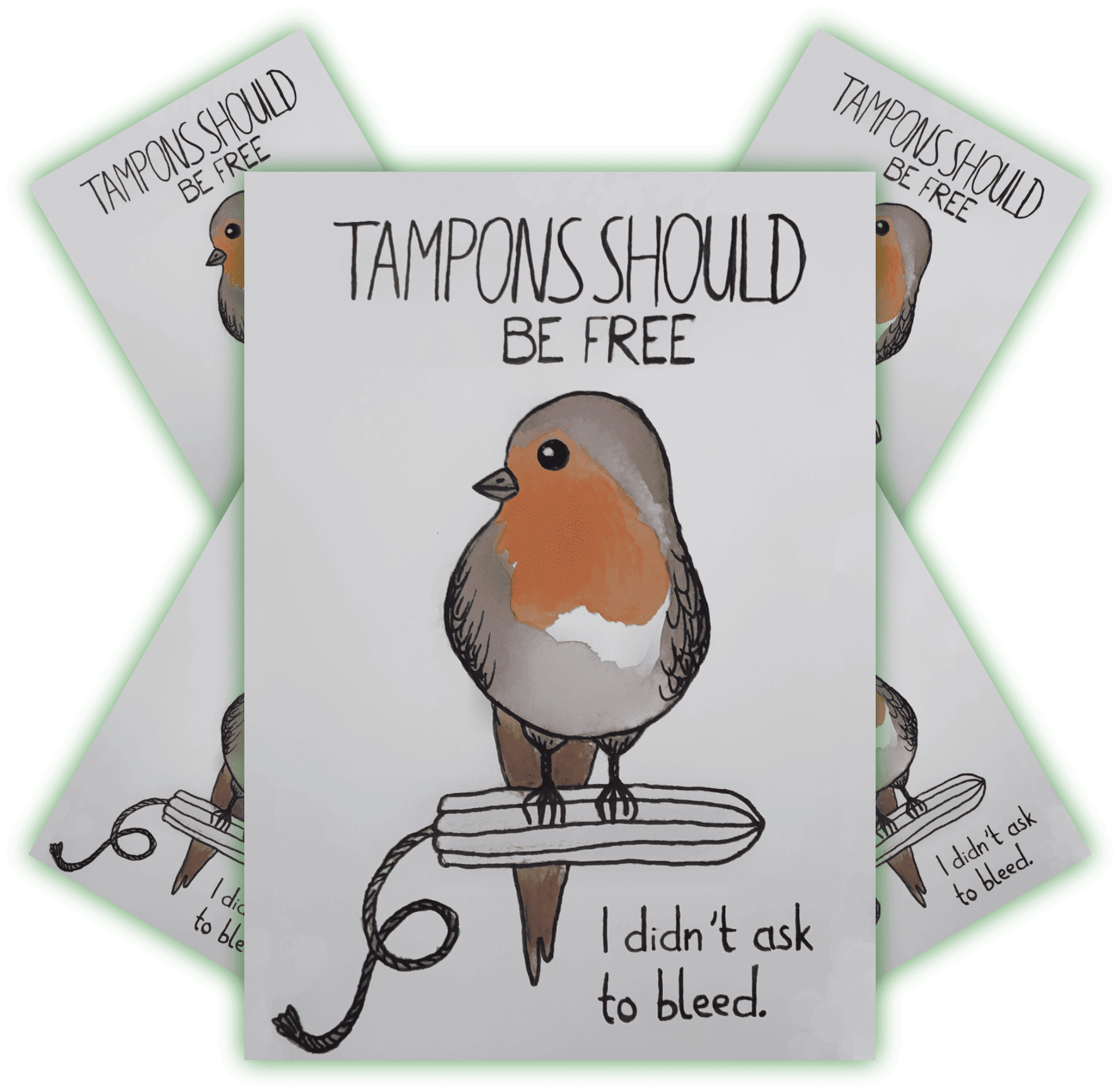Illustrativer Druck eines Vogels auf einem Tampon mit feministischer Botschaft. Ein Druck mit einem illustrierenden Vogel, der auf einem Tampon sitzt, umgeben von dem Text „TAMPONS SHOULD BE FREE“ und „I didn't ask to bleed.“
