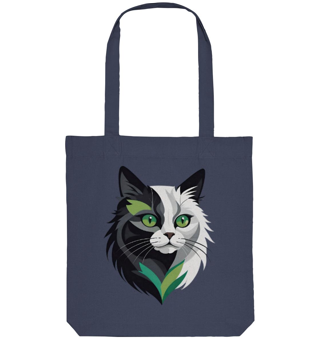 Tote Bag mit einer stilisierten Illustration eines weißen und schwarzen Katzenkopfs mit grünen Augen und Blattmotiven.