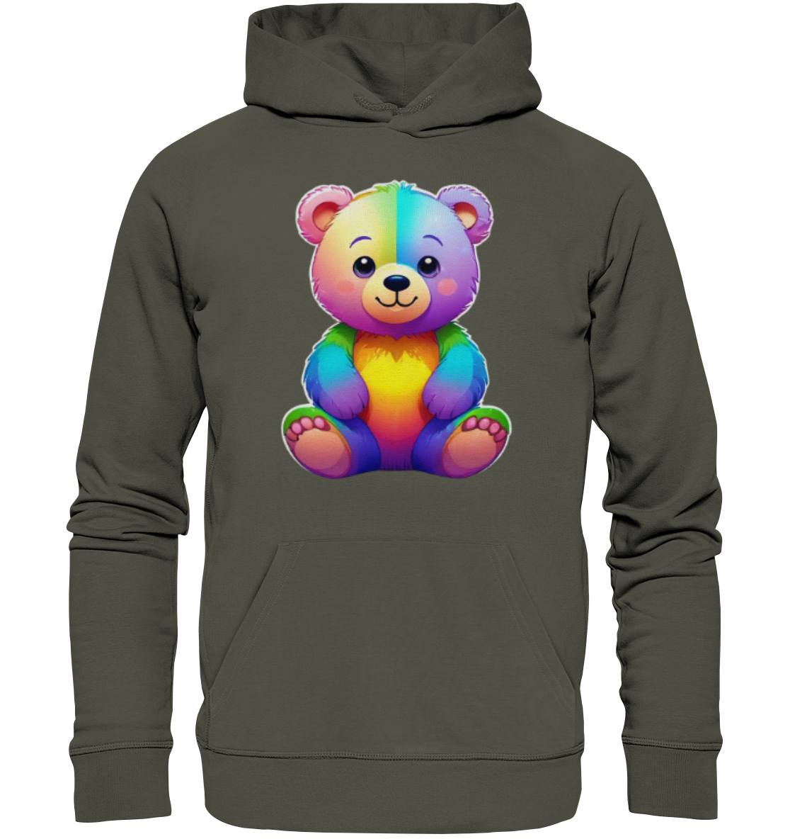 Bunte Kapuzenjacke mit einem niedlichen, regenbogenfarbenen Bärenmotiv auf der Vorderseite.