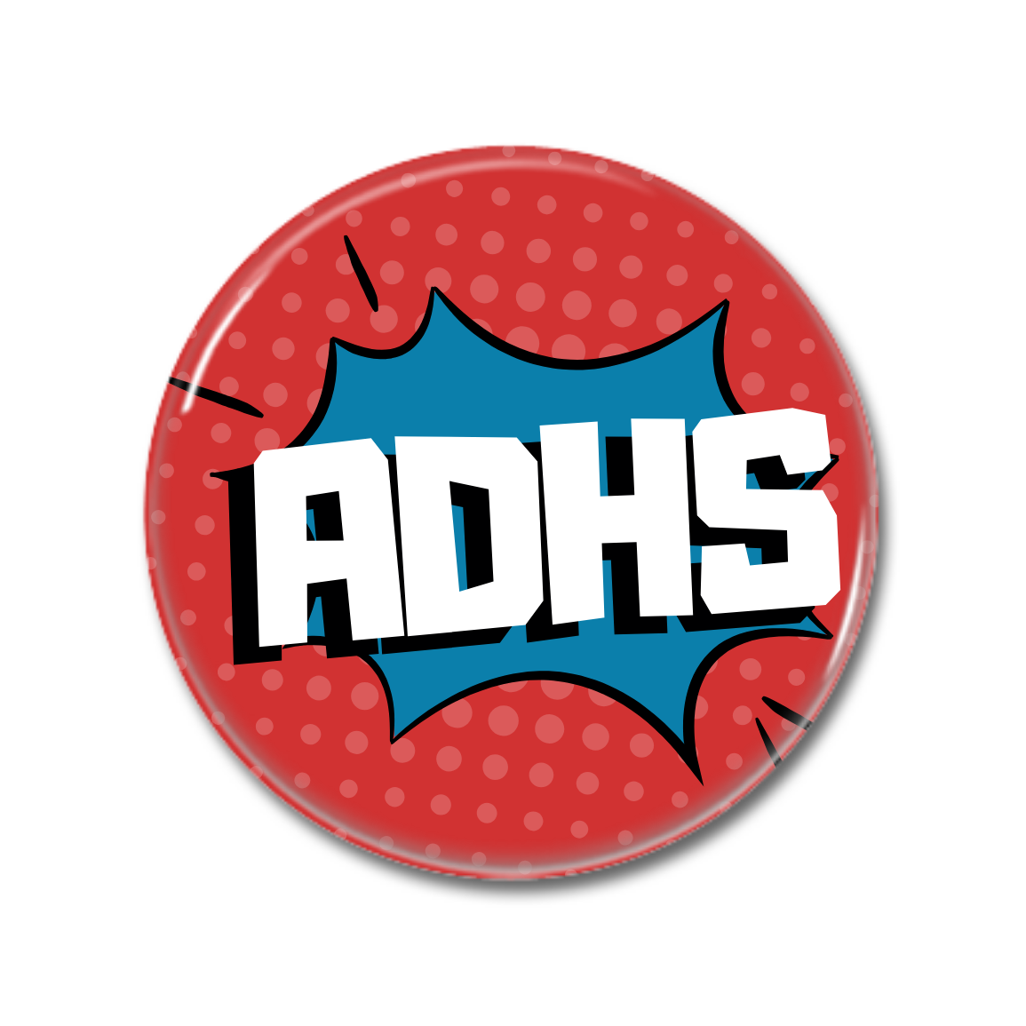 Runder Button mit dem Aufdruck "ADHS" auf rotem Hintergrund und blauem Sprechblasenelement.