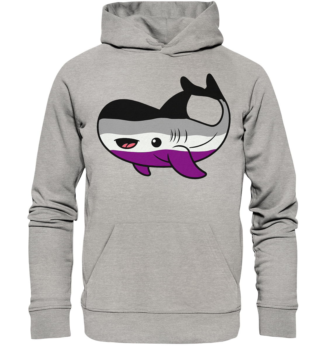 Grauer Hoodie mit einem bunten, cartoonhaften Walmotiv.