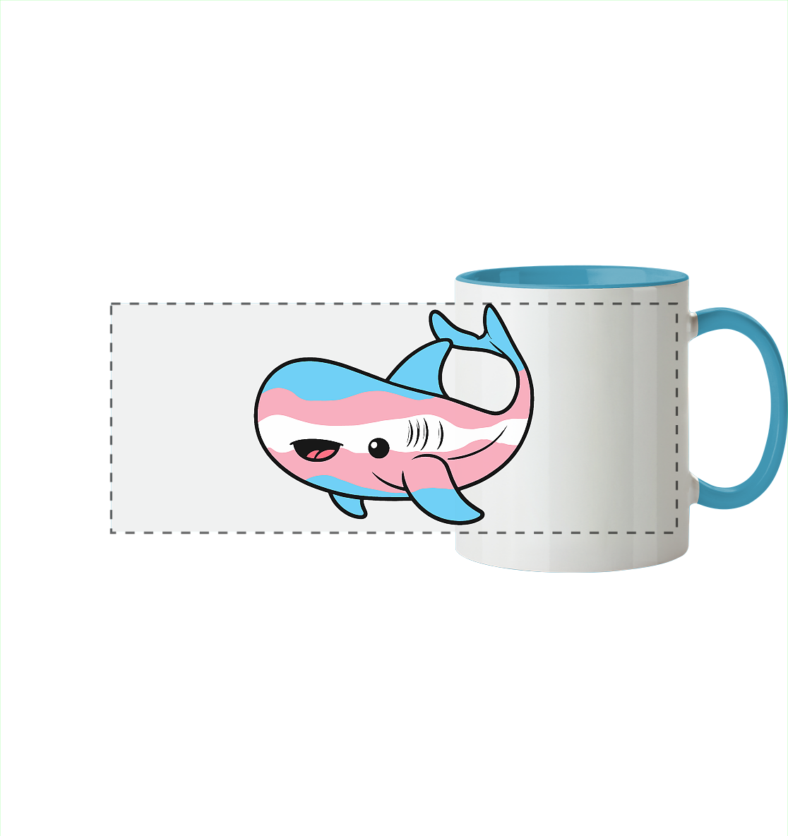 Bunte Tasse mit einem fröhlichen, cartoonhaften Haifisch-Motiv.