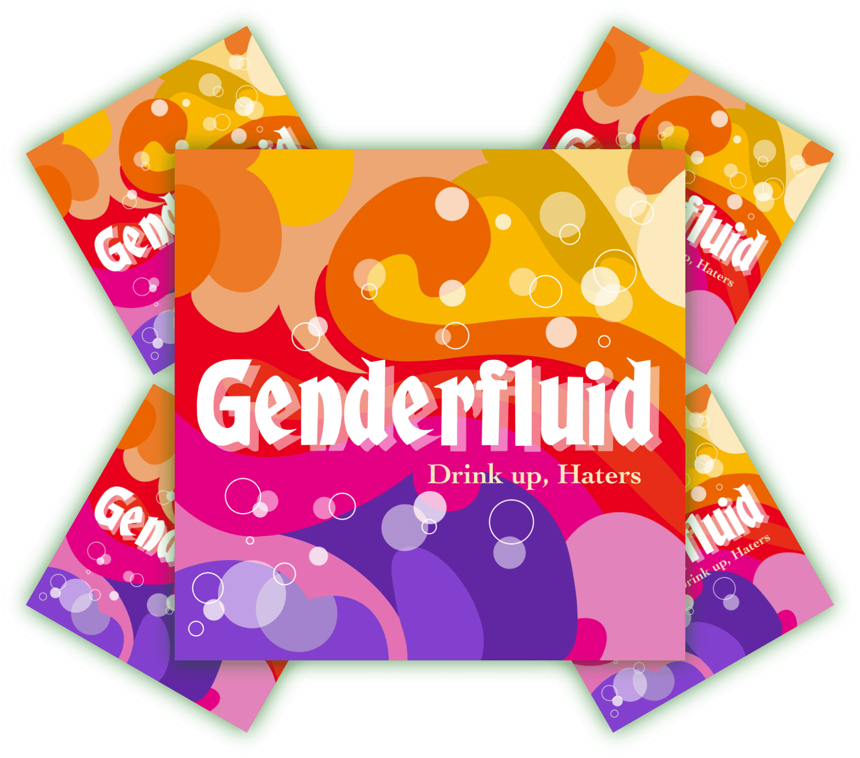 Getränk "Genderfluid" in farbenfrohem Design. Bunte Verpackung des Getränks "Genderfluid" mit dem Slogan "Drink up, Haters".
