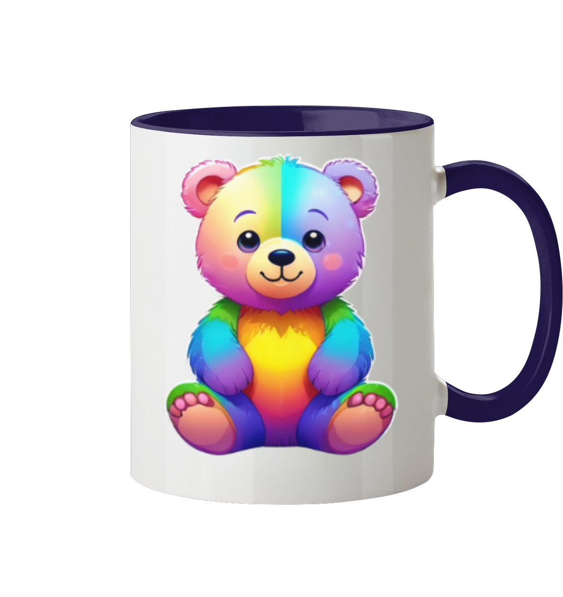 Bunte Tasse mit einem niedlichen, lächelnden Bären in Regenbogenfarben.