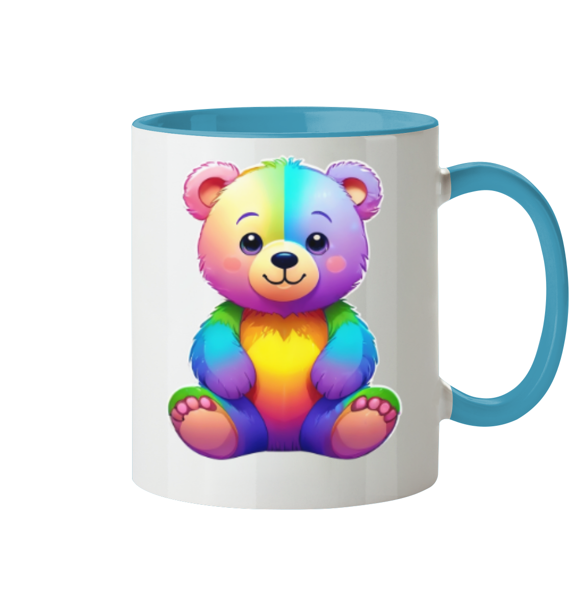 Bunte Tasse mit einem niedlichen, cartoonhaften Bärenmotiv.