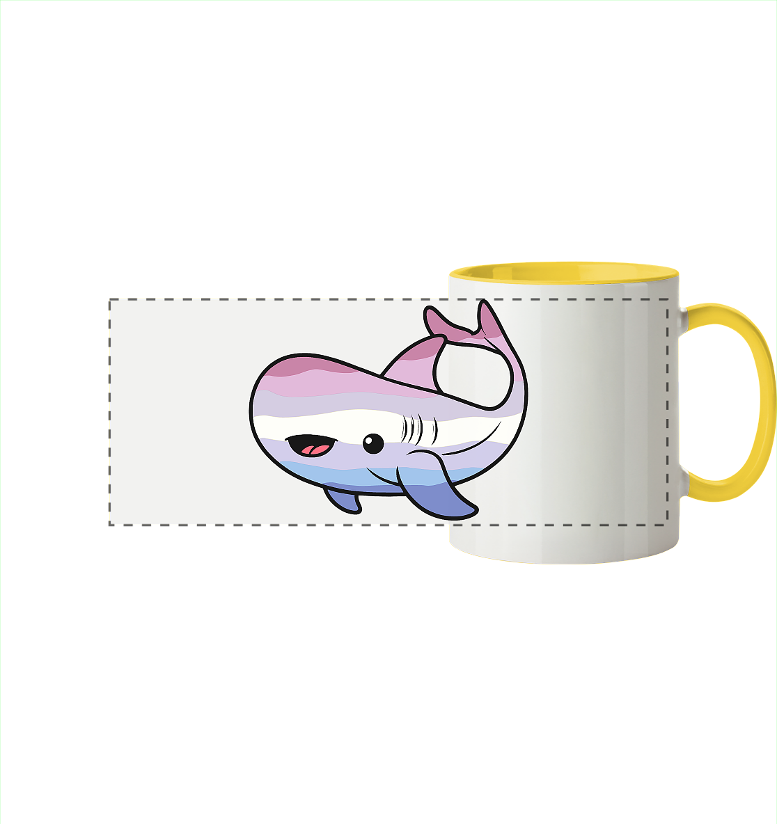 Bunte Tasse mit einem süßen Haifisch-Motiv auf der weißen Fläche. 