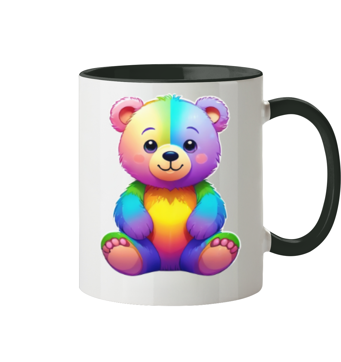 Bunte Tasse mit einem lächelnden, regenbogenfarbigen Bären-Design. 