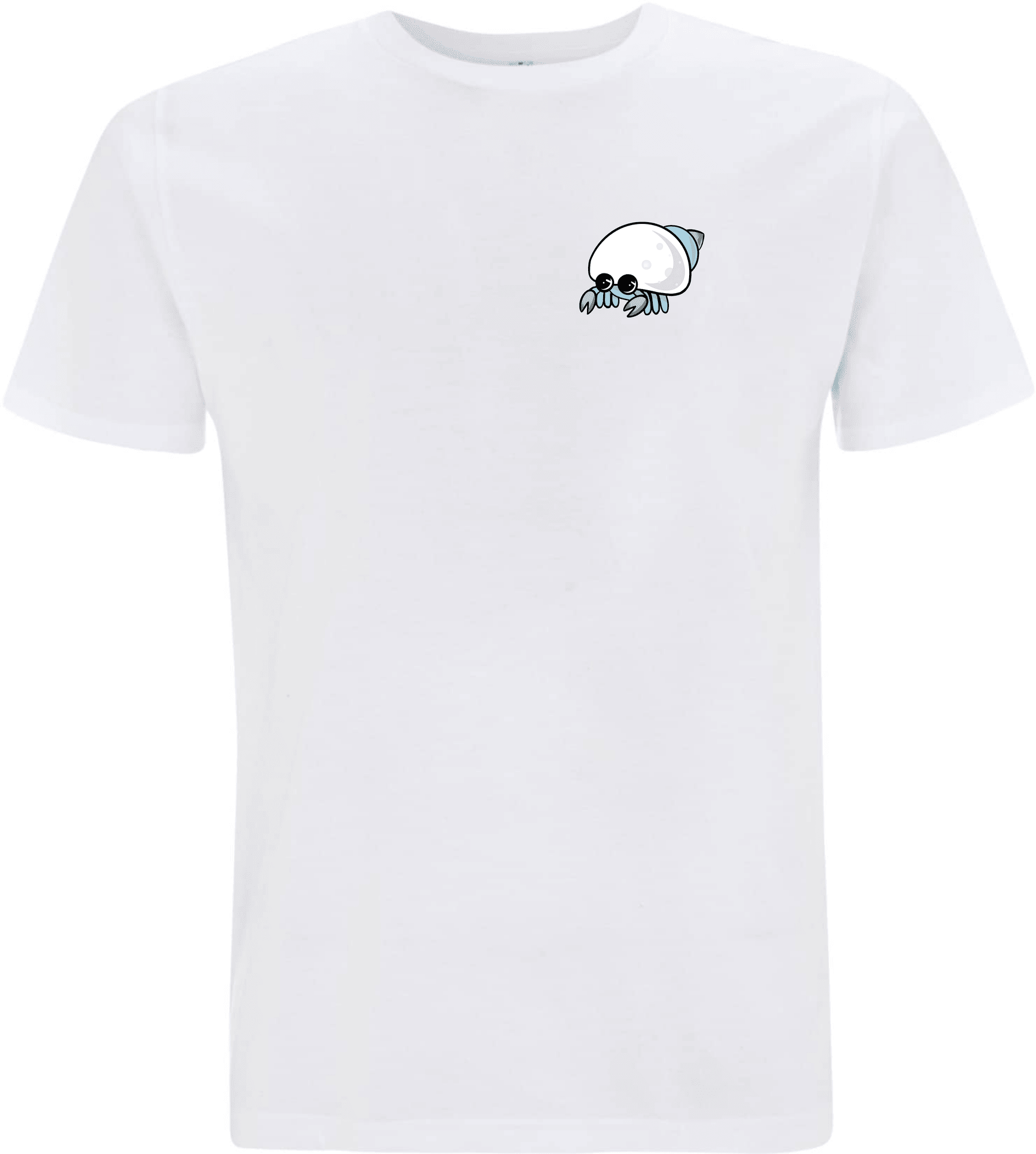 Weißes T-Shirt mit einem niedlichen, cartoonhaften Kraken-Motiv auf der linken Brustseite.