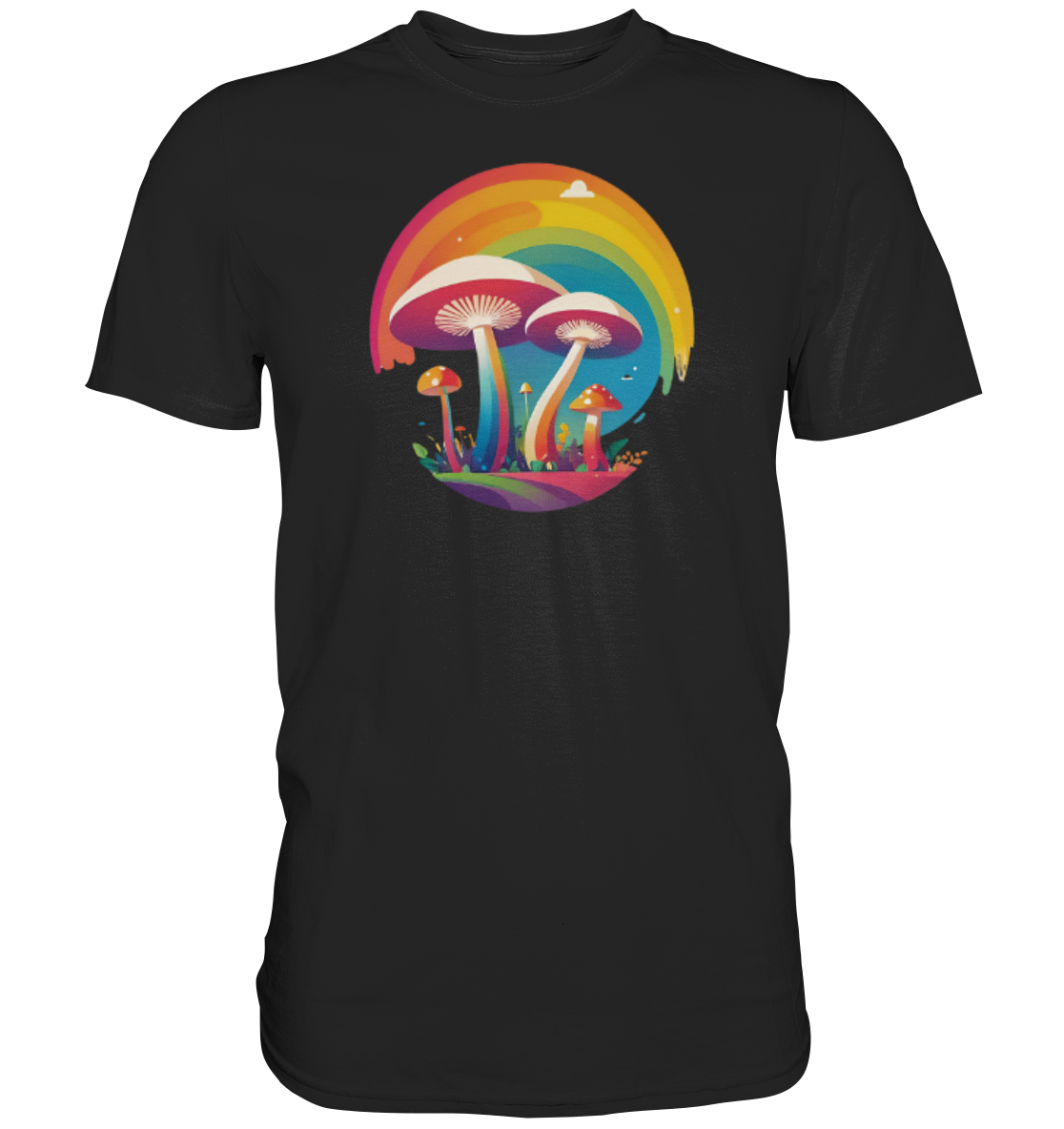 Bunt bedrucktes T-Shirt mit einem Design von farbenfrohen Pilzen und einem Regenbogen.