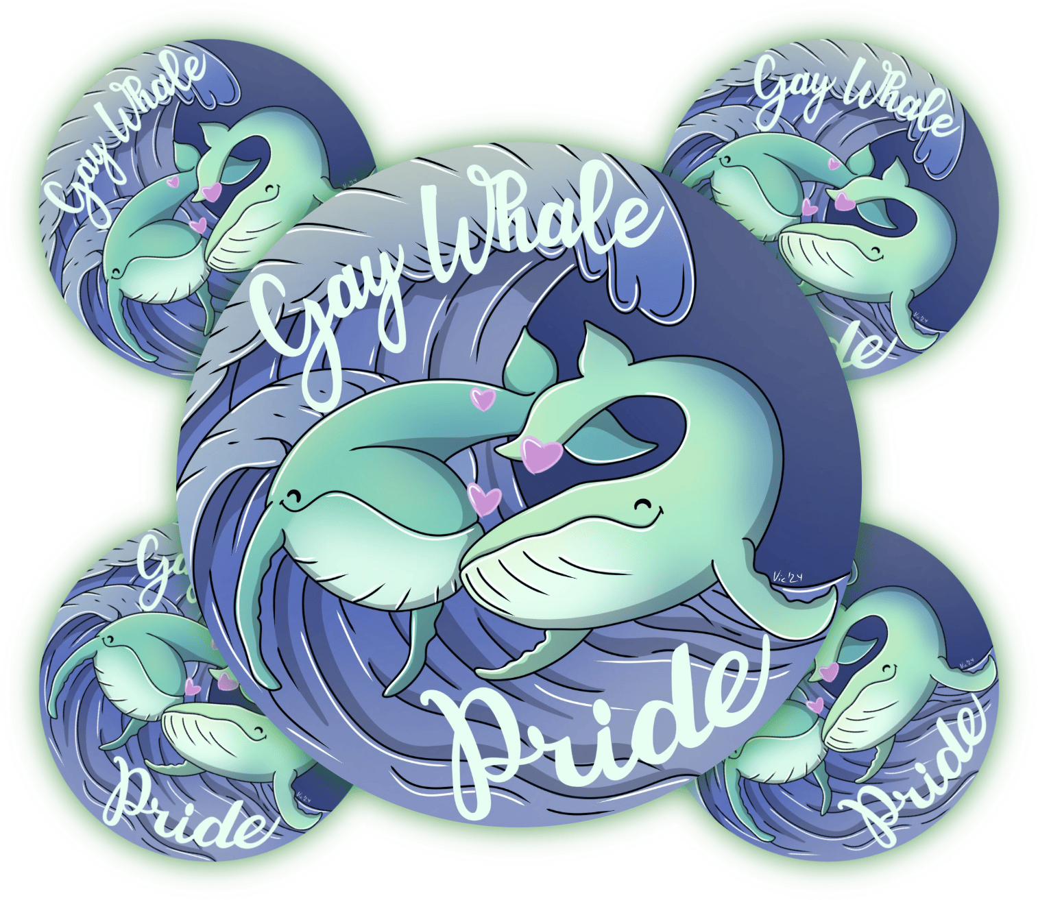 Sticker mit Walen und "Gay Whale Pride" im bunten Design. Bunte Sticker mit zwei liebevollen Walen, umgeben von Wellen, und dem Schriftzug "Gay Whale Pride".
