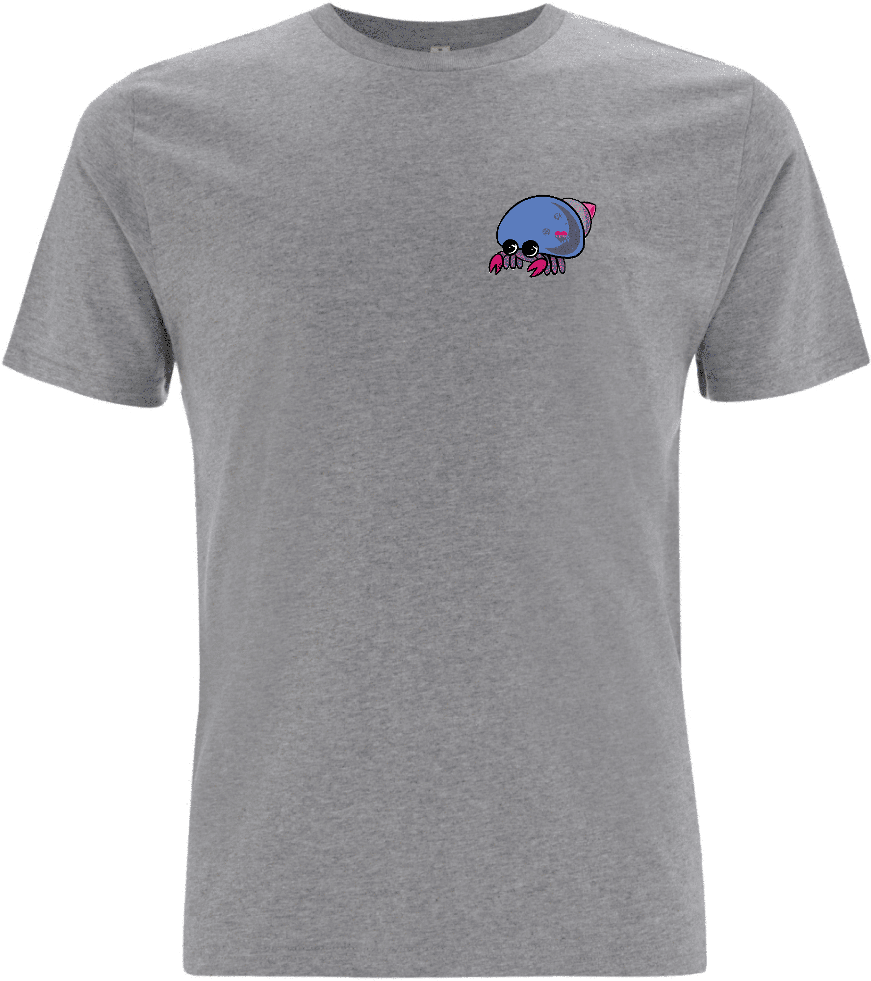 Graues T-Shirt mit einem bunten, cartoonhaften Krabbentier-Design auf der linken Brust.