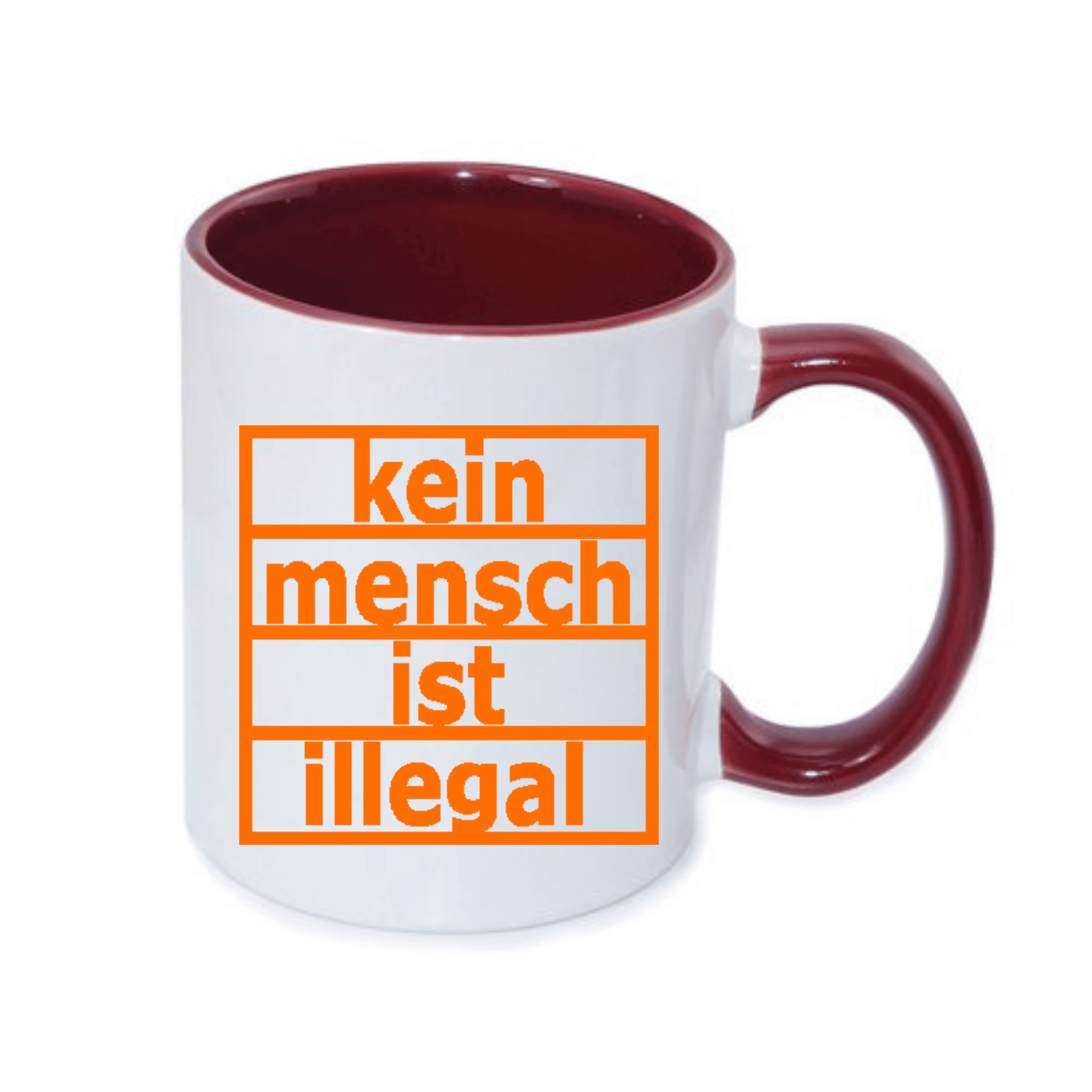 Weiße Kaffeetasse mit rotem Henkel und innerer Auskleidung, bedruckt mit dem Text "kein mensch ist illegal" in orangefarbenen Buchstaben.