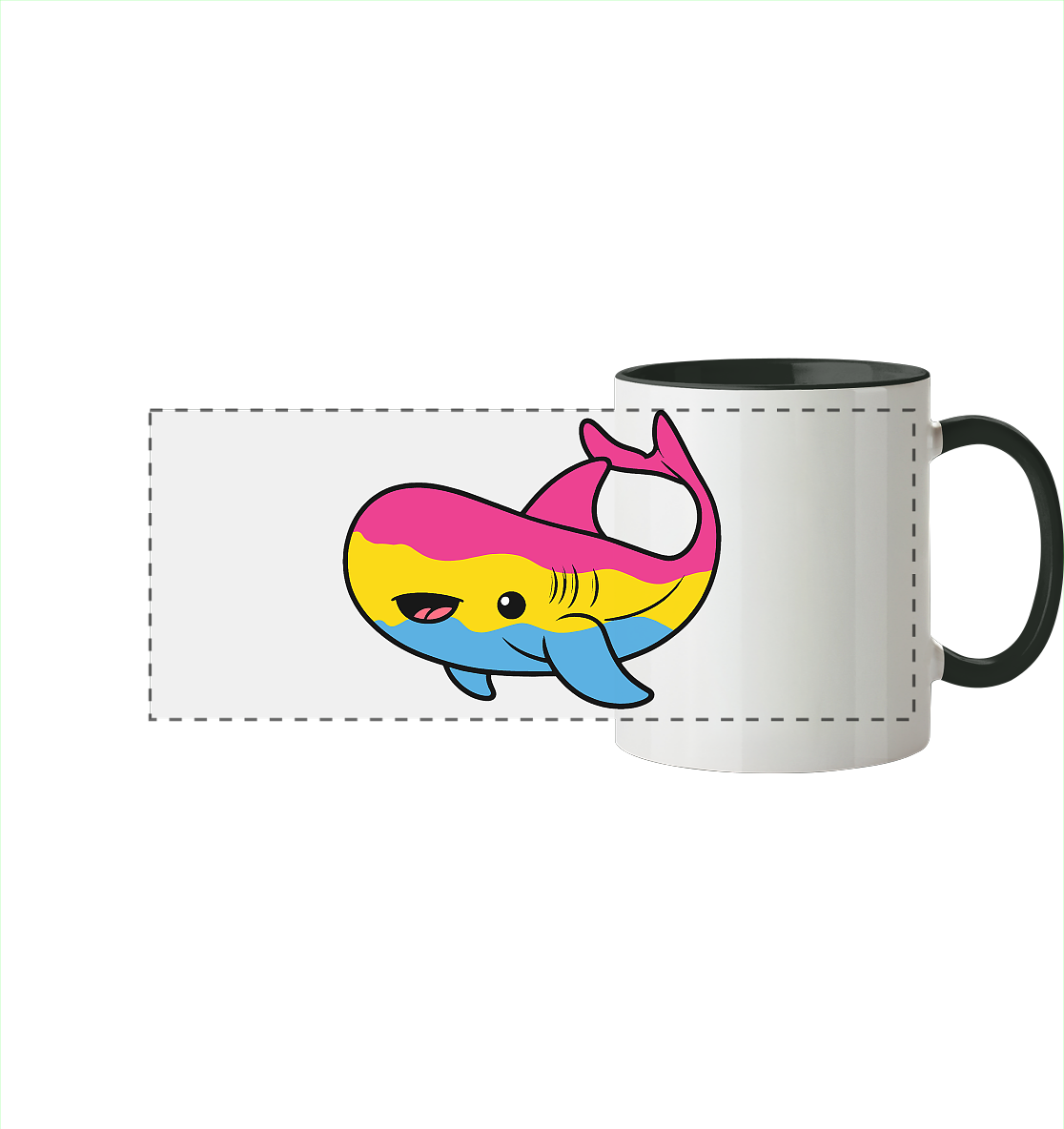 Bunte Tasse mit einem fröhlichen, cartoonhaften Wal-Design in Pink, Gelb und Blau.