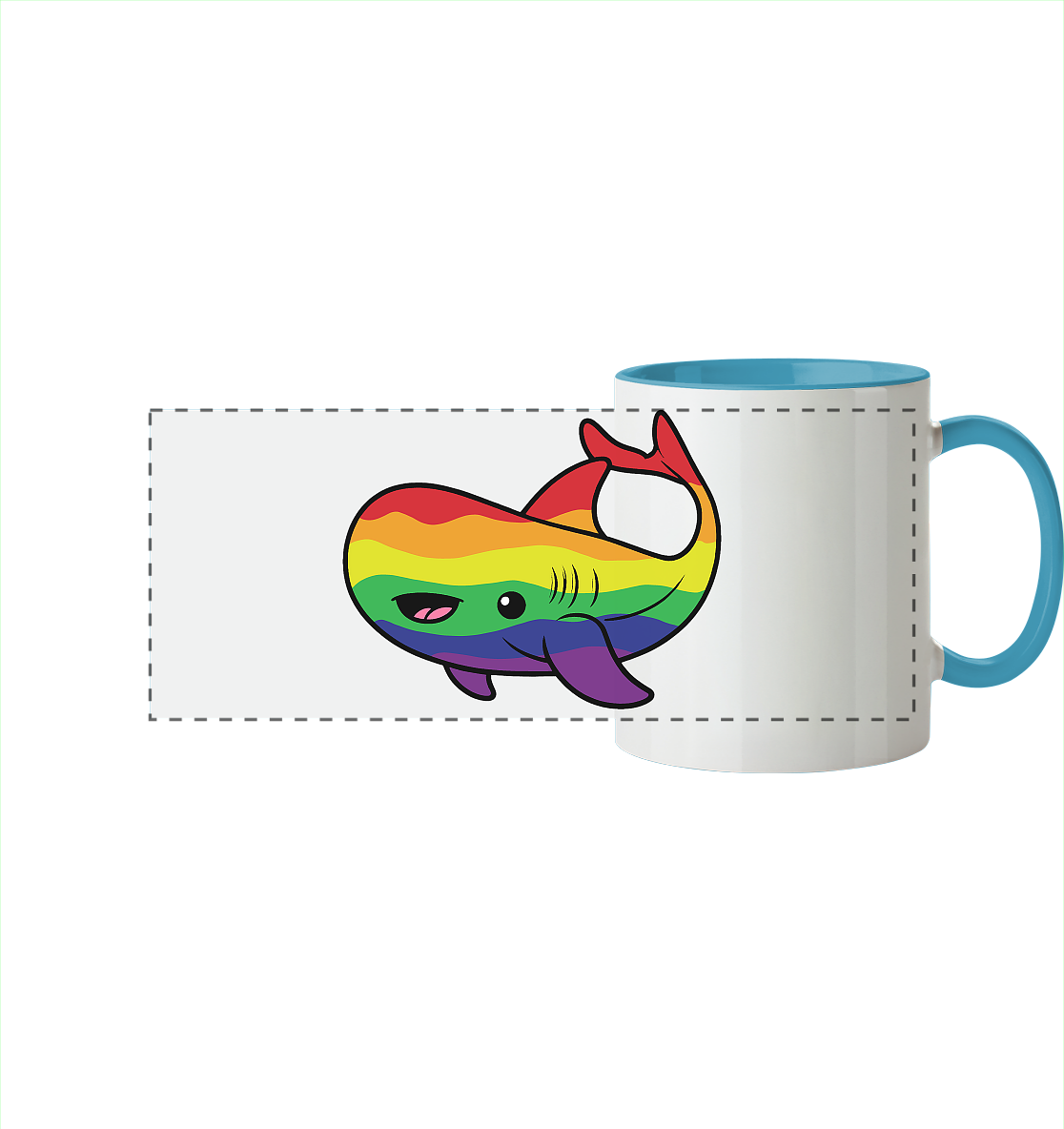 Bunte Tasse mit einem niedlichen, lächelnden Wal, der mit Regenbogenfarben dekoriert ist.